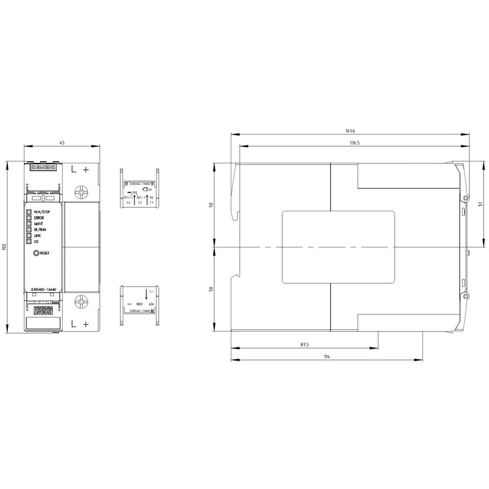 Technische Zeichnung eines elektronischen Geräts mit Abmessungen in Millimetern. Zeigt Vorder- und Seitenansicht eines Modulgehäuses.