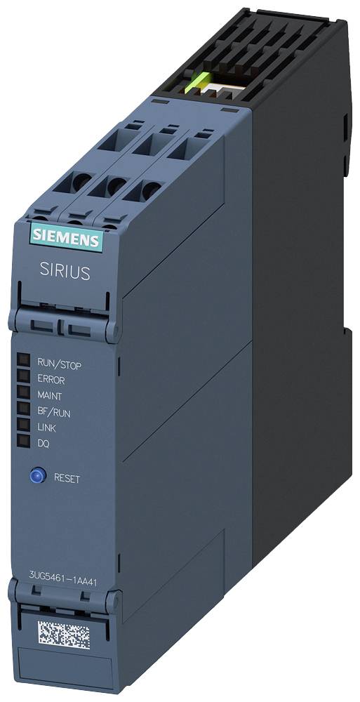 Industriegerät mit blauer Vorderseite und schwarzen Details, zeigt Aufschrift 'SIEMENS SIRIUS'. Schaltknöpfe und Leuchtanzeigen sichtbar.