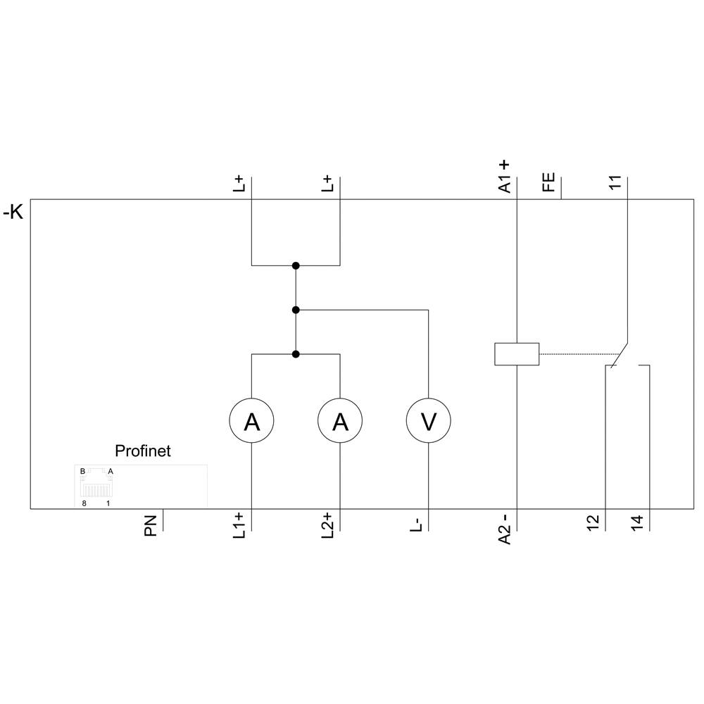 Schaltplan mit Profinet-Verbindung, zwei Amperemeter (A) und einem Voltmeter (V). Stromkreise mit L1+, L2+, L-, A2-, A1+, FE, PN.