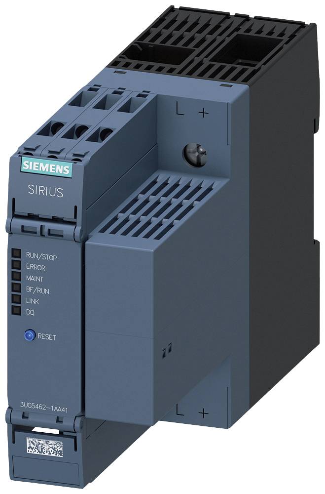 Ein industrielles Steuerungsgerät mit Siemens-Logo, Modellaufschrift 'SIRIUS', Reset-Knopf und Anzeigen für Betriebszustände.