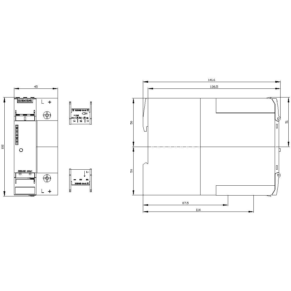 Technische Zeichnung eines rechteckigen Geräts mit Abmessungen. Verschiedene Ansichten mit Maßangaben in Millimetern. Hauptansicht rechts.