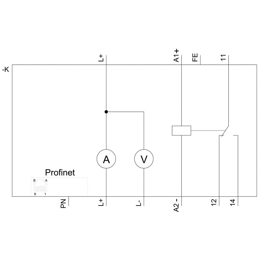 Schaltplan zeigt Profinet-System mit Amperemeter (A) und Voltmeter (V). Verbindungen zu Klemmen L+, L-, A1+, A2-, 11, 12, 14, FE.