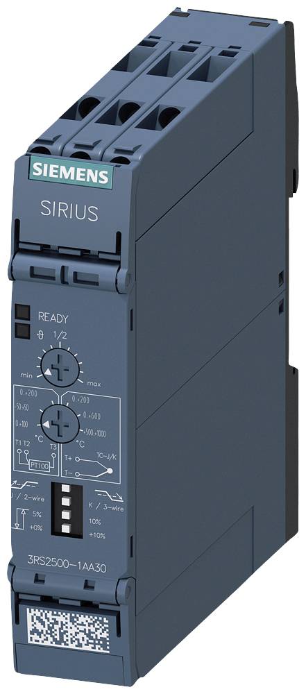 Industrie-Schaltgerät von Siemens serie Sirius. Der Apparat zeigt Bedienelemente, LEDs und technisches Diagramm auf der Vorderseite.