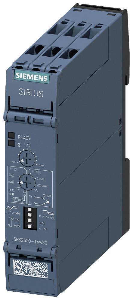 Ein Siemens SIRIUS Zeitrelais in blauer Gehäusefarbe mit Schalter- und LED-Anzeigen sowie einem QR-Code. Modellnummer: 3RS2500-1AW50.