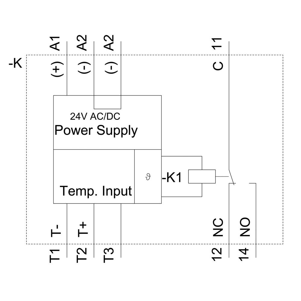 Diagramm einer Stromversorgung: '24V AC/DC Power Supply'. Links: Anschlüsse A1, A2, K. Mitte: Temperatureingang T1, T2, T3. Rechts: Schalter K1, Anschlüsse C, 11, 12 (NC), 14 (NO).