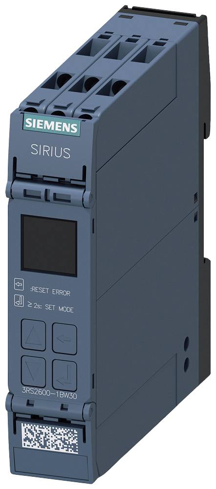 Industriekomponente: Elektronisches Gerät von Siemens, Modell 'SIRIUS', vorderseitige Knöpfe und Anzeige für Einstellungen und Fehlermeldungen.