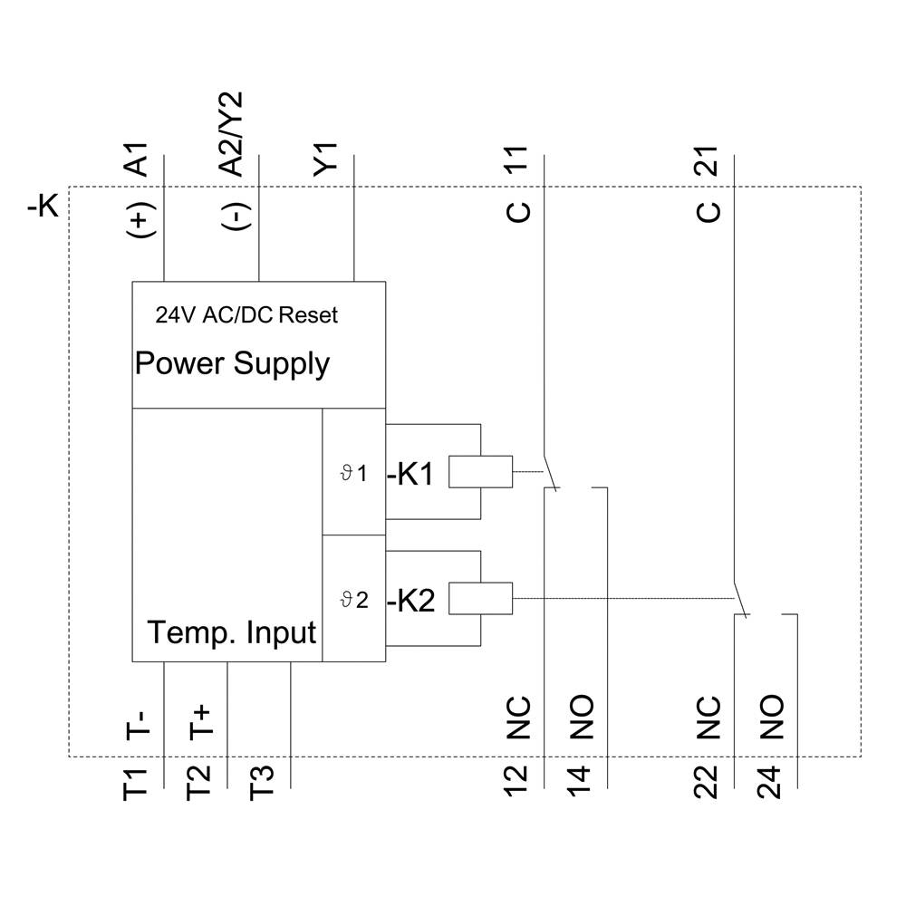 Schaltplan eines Stromversorgungssystems mit 24V AC/DC Reset. Zeigt Anschlüsse für 2 Relais (K1, K2) und Temperatur-Eingang.