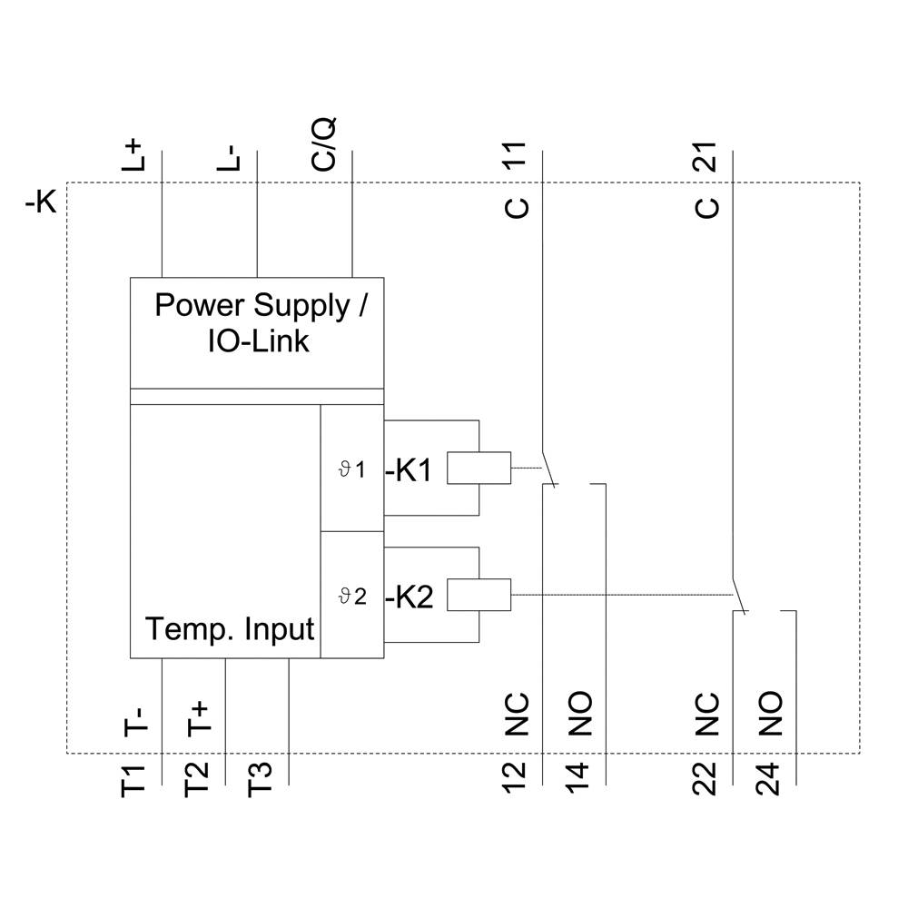 Schaltplan eines IO-Link-Stromes; zeigt den Aufbau und Anschlüsse für 'Power Supply/IO-Link' mit zwei Schaltern und Temperatur-Eingang.