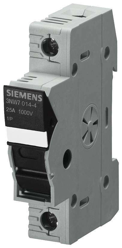 Grau-blauer elektrische Sicherungsträger von Siemens, Modell 3NW7 014-4, mit einer Stromstärke von 25A und einer Spannung von 1000V.