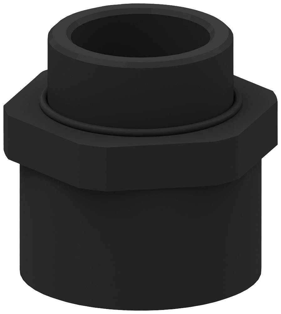 Schwarzes zylindrisches Rohrfitting aus Kunststoff mit Sechskantmutter, geeignet für Verbindungen in Rohrsystemen.