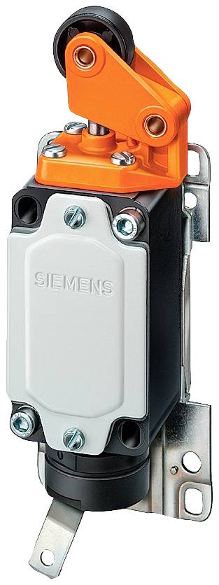 Ein orangefarbener betätigter Siemens-Grenztaster, installiert für Maschinensteuerungen, mit Metallschaltergehäuse.
