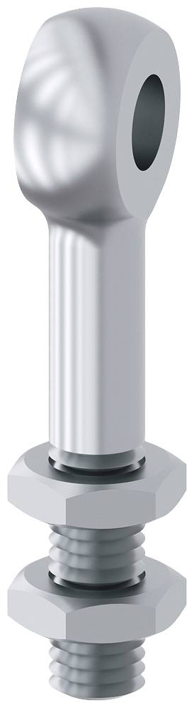 Silbernes Metallteil mit Gewinde und Öse, bestehend aus einem Schaft, zwei Muttern und einer Unterlegscheibe, möglicherweise ein Spannelement.