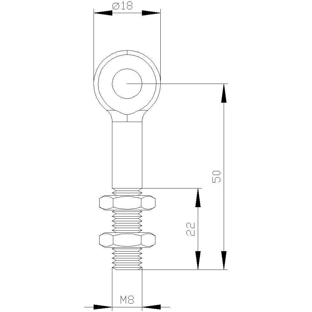 Technische Zeichnung einer Augenschraube. Durchmesser oben: 18 mm; Gesamtlänge: 50 mm; Länge des Schaftes: 22 mm; Gewinde: M8.