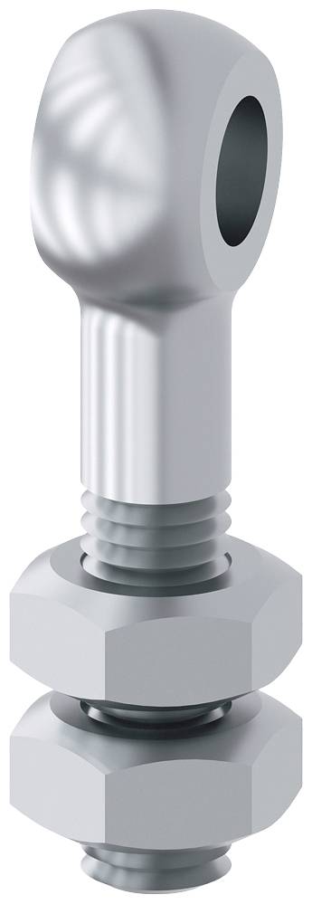 Ein silberner Metallbolzen mit zwei Sechskantmuttern. Er hat ein rundes Auge an einem Ende.