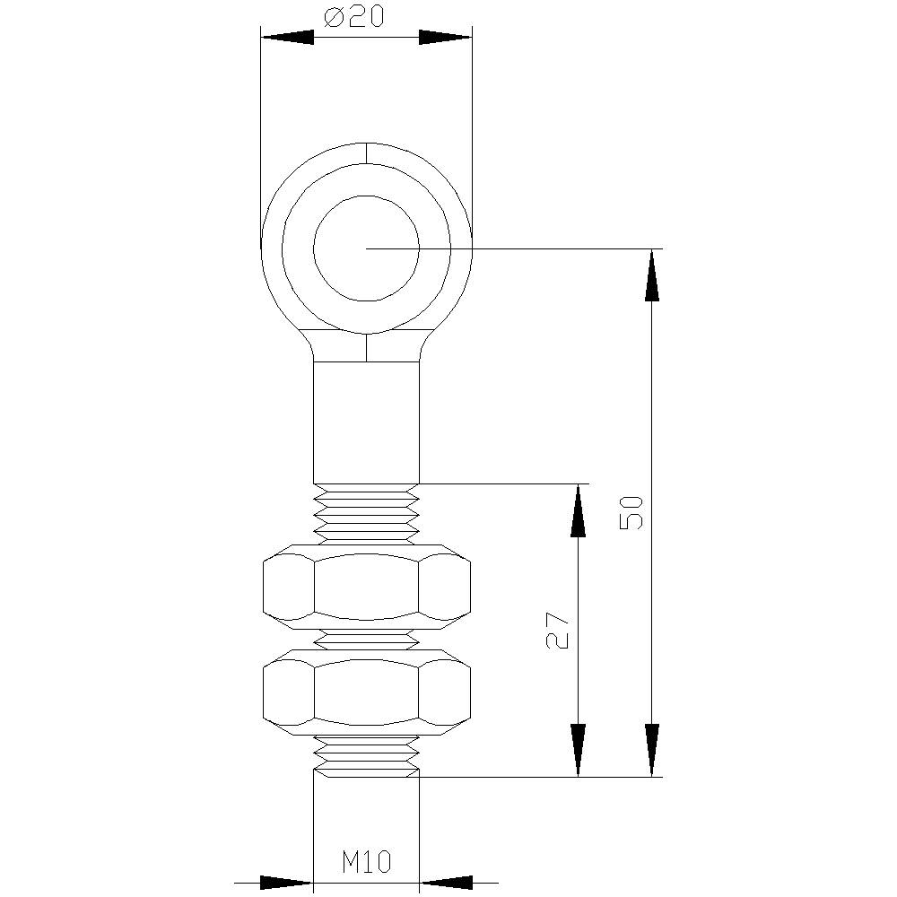 Technische Zeichnung eines Augenschraubenhakens. Oben Durchmesser 20 mm, Länge 50 mm, Mutterhöhe 27 mm, Gewinde M10.