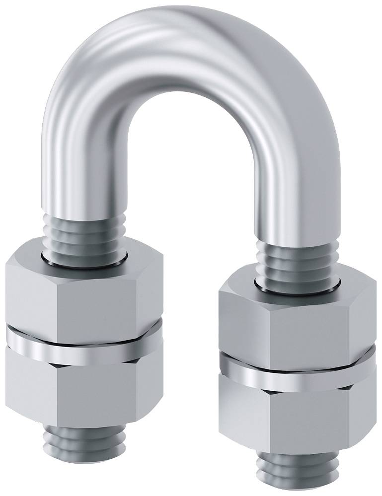 Metallene U-Bügelklemme mit zwei Schrauben und Muttern, oft verwendet für die Sicherung von Drähten oder Rohren.