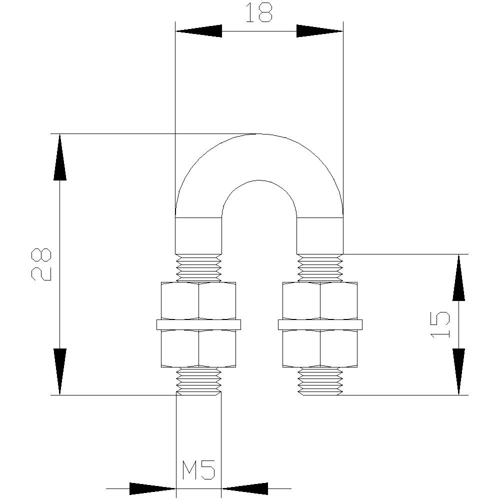 Technische Zeichnung eines U-förmigen Bolzens mit Gewinde, Maße: Breite 18 mm, Gesamthöhe 28 mm, Gewindehöhe 15 mm, M5-Gewinde.