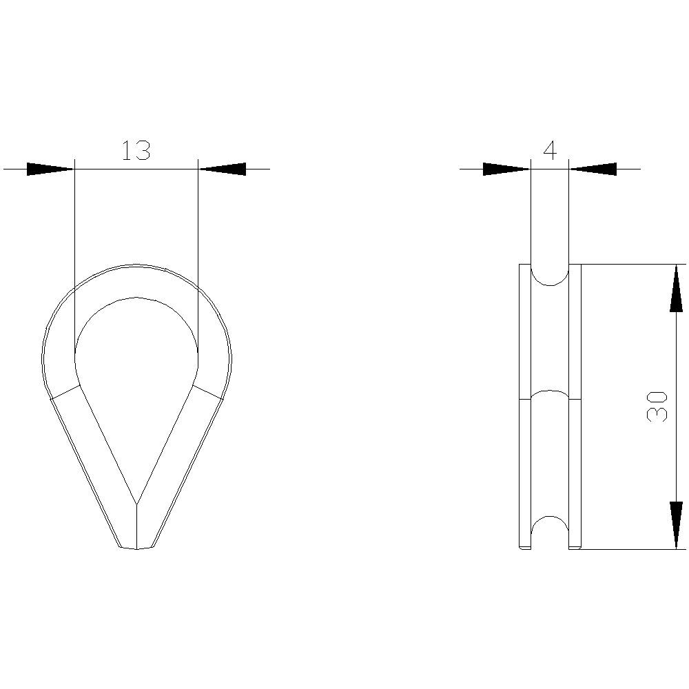 Technische Zeichnung eines tropfenförmigen Objekts. Links: Vorderansicht mit einer Breite von 13. Rechts: Seitenansicht mit einer Höhe von 30 und einer Tiefe von 4.