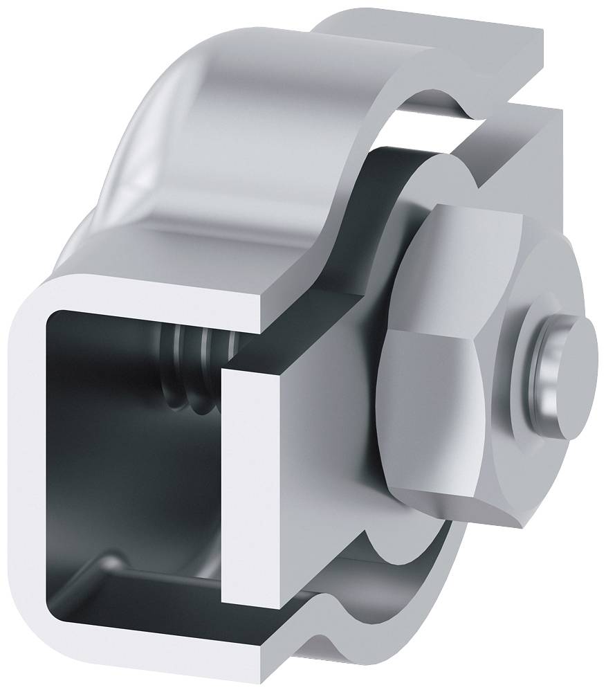 Konstruktionszeichnung einer Metallklemme mit Schraube und Mutter, die zur Befestigung in einem Montagesystem verwendet wird.