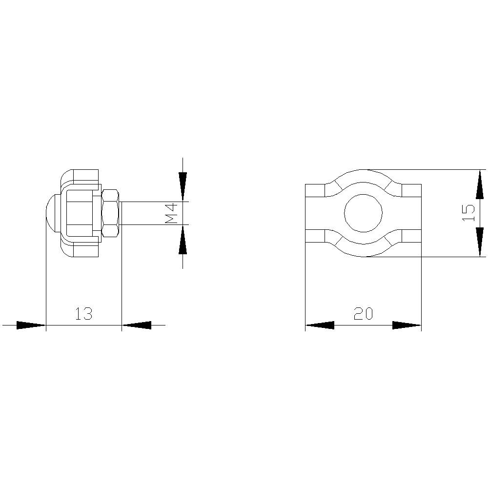 Technische Zeichnung einer Schraubverbindung. Links: Seitenansicht mit Maßen 13 mm und M4. Rechts: Oberansicht, Breite 20 mm, Höhe 15 mm.