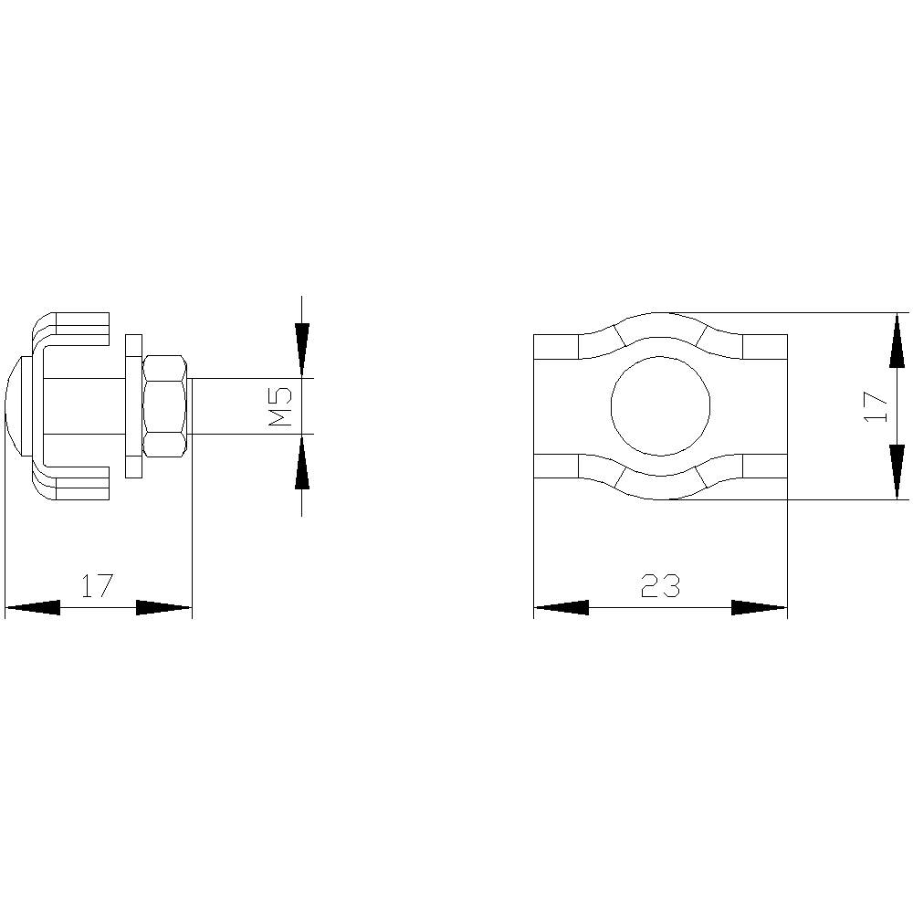 Technische Zeichnung eines Verbindungselements mit Maßen: M5, 17 mm Höhe, 23 mm Breite. Seiten- und Draufsicht dargestellt.