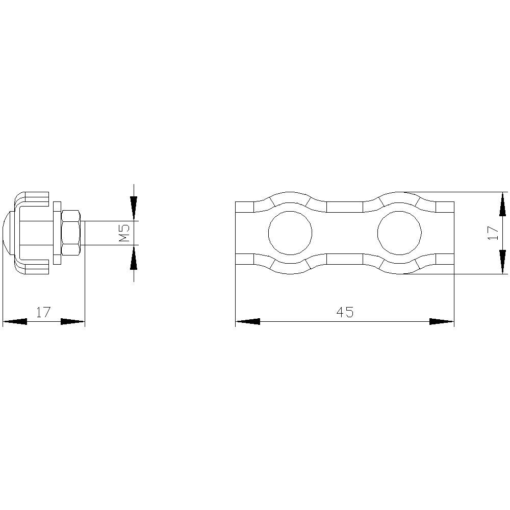 Technische Zeichnung eines Verbindungselements; Seiten- und Oberansicht mit Maßen: Länge 45 mm, Breite 17 mm, Schraubendurchmesser M5.