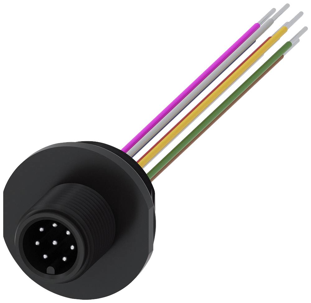 Ein schwarzer mehrpoliger Steckverbinder mit sechs bunten Kabeln (pink, weiß, orange, grün, braun, grau) auf weißem Hintergrund.