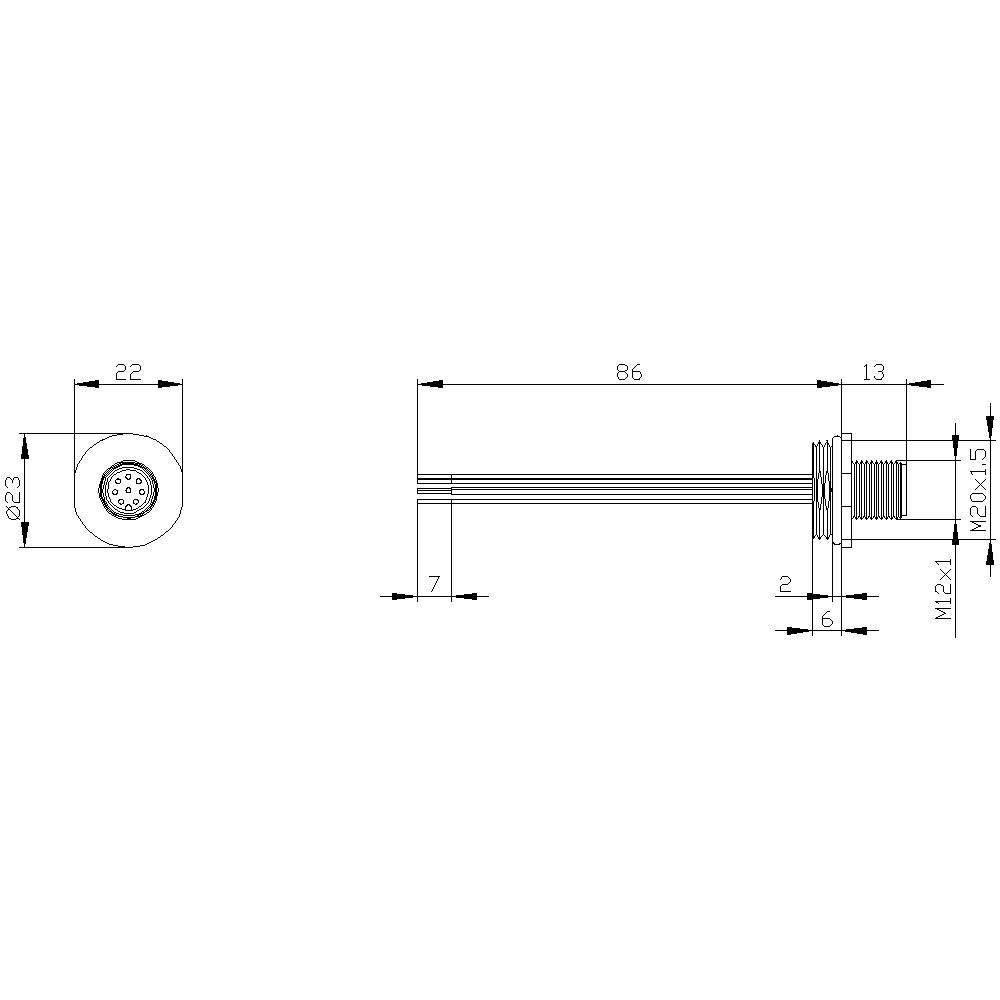 Technische Zeichnung eines Steckverbinders mit Abmessungen: Durchmesser 23 mm, Gesamtlänge 86 mm. Gewinde M12x1. Mehrere Anschlüsse.