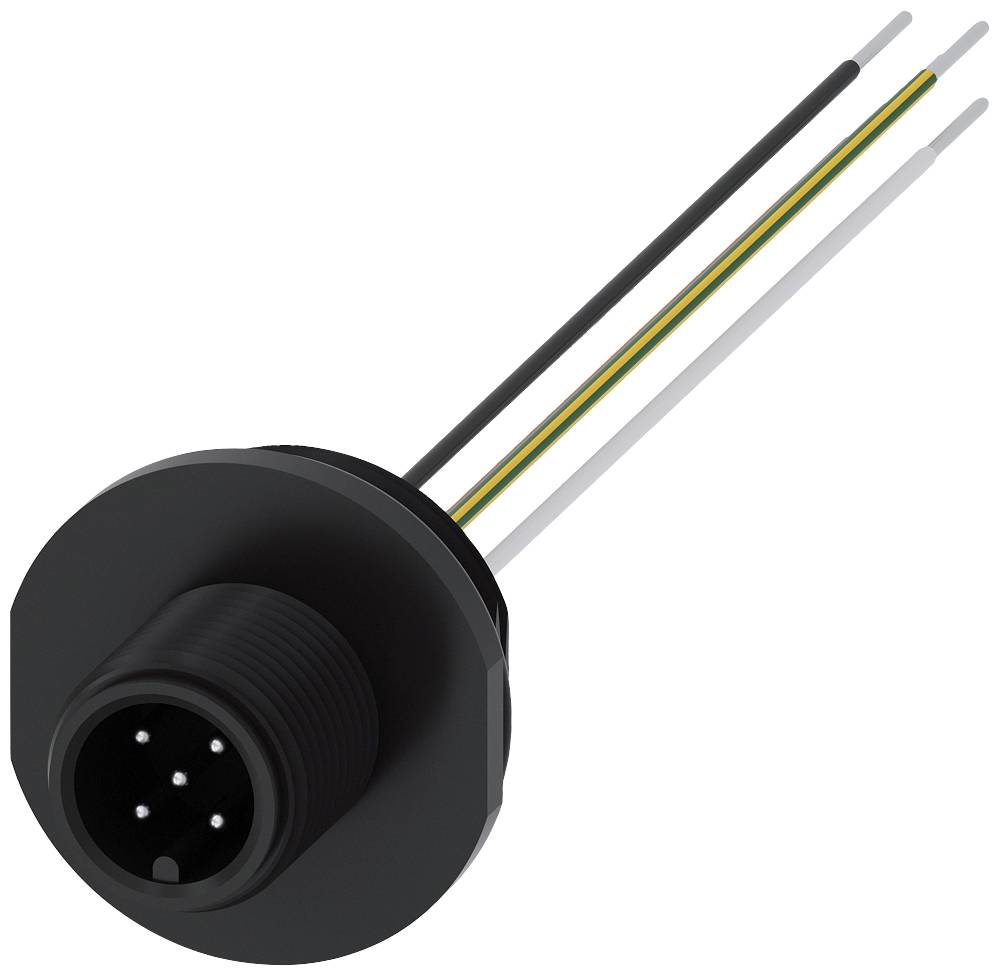 Runder elektrischer Steckverbinder mit drei Kabeln in Schwarz, Gelb und Weiß. Geeignet für technische Anwendungen oder Verkabelungen.