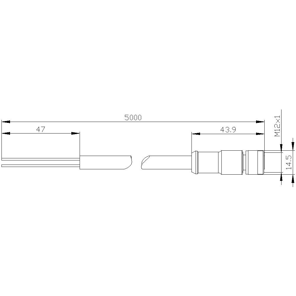 Technische Zeichnung eines Zylinderstifts mit Abmessungen: Gesamtlänge 5000 mm, Durchmesser M12x1, Länge der Spitze 47 mm, 43,9 mm.