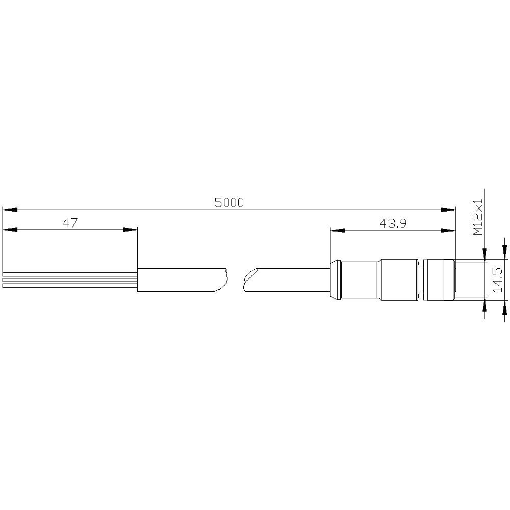 Technische Zeichnung eines Kabelsteckers mit Bemaßungen: Gesamtlänge 5000, Stecker 47, Anschluss 43.9, Durchmesser M12x1 und 14.5.