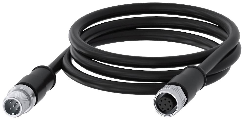 Ein schwarzes, gewickeltes Kabel mit je einem runden Stecker an jedem Ende; vier Pins an einem Stecker, und mehrere Löcher am anderen.