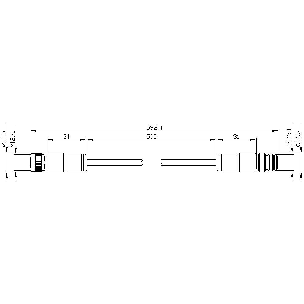 Technische Zeichnung eines zylindrischen Kabelsteckers. Gesamtlänge 592,4 mm, Kabeldurchmesser M12x1,5. Detaillierte Maße sind angegeben.