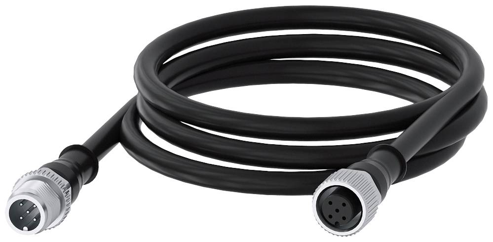 Ein schwarzes, spiralförmiges Kabel mit zwei runden Steckern an den Enden, einer mit vier Stiften und der andere mit vier Löchern.