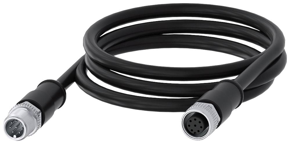 Schwarzes Kabel mit mehrpoligen Steckverbindern an beiden Enden; geeignet für elektronische Geräte oder industrielle Anwendungen.