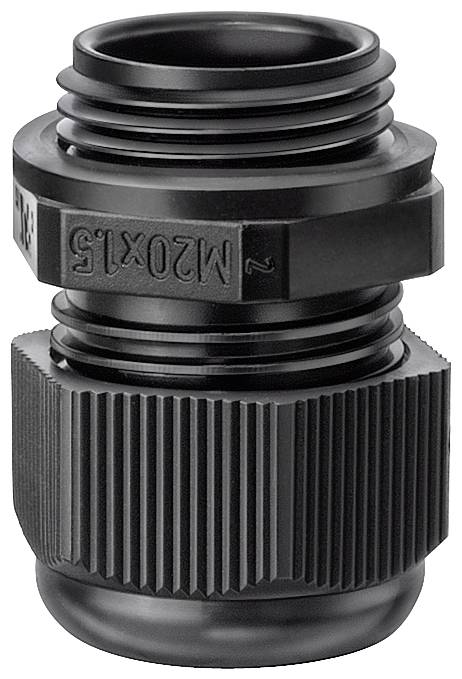 Eine schwarze Kabelverschraubung aus Kunststoff mit Gewinde M20 x 1,5 für den Einsatz in elektrischen Gehäusen und Schaltschränken.