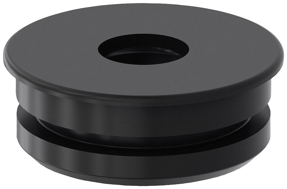 Schwarze Kunststoffkappe mit mittlerem Loch, wahrscheinlich für Kabeldurchführungen oder als Dichtung in technischen Anwendungen.