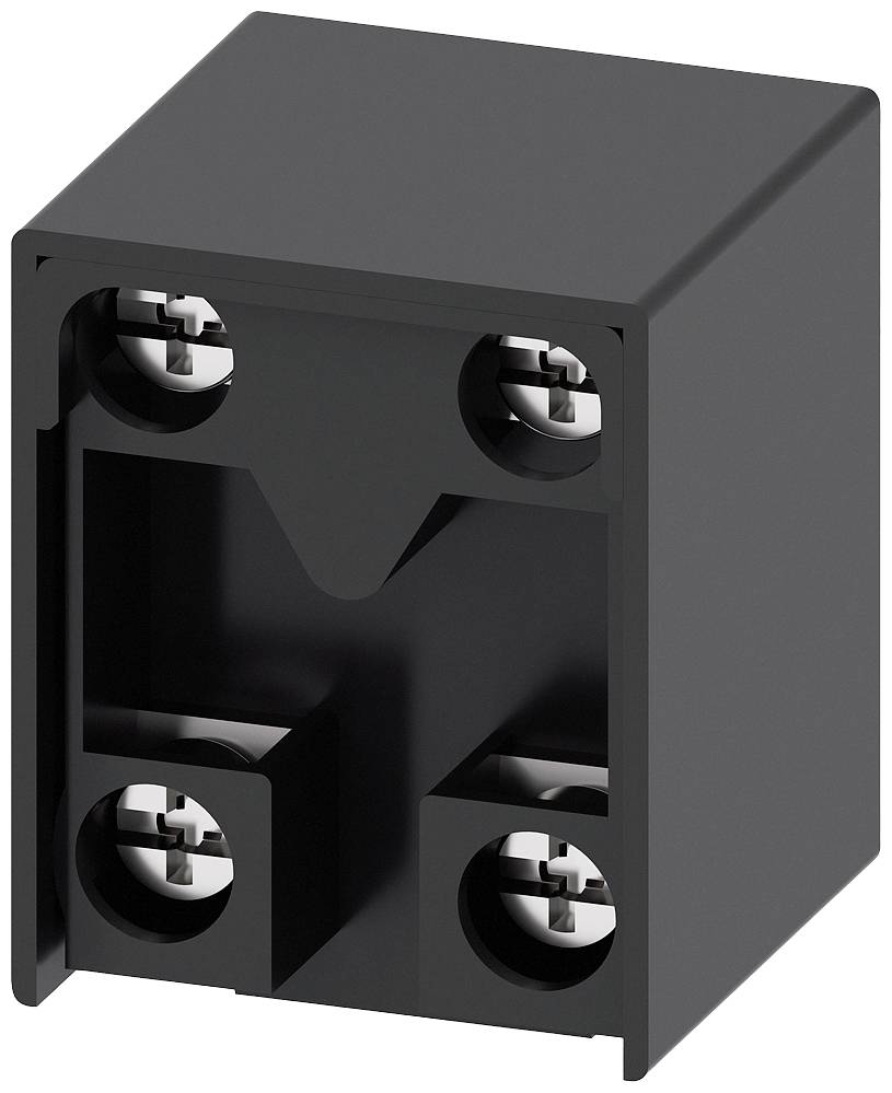 Ein schwarzer, rechteckiger Adapterblock mit vier sichtbaren Schraubenlöchern; verwendet zur Verbindung elektrischer Geräte.