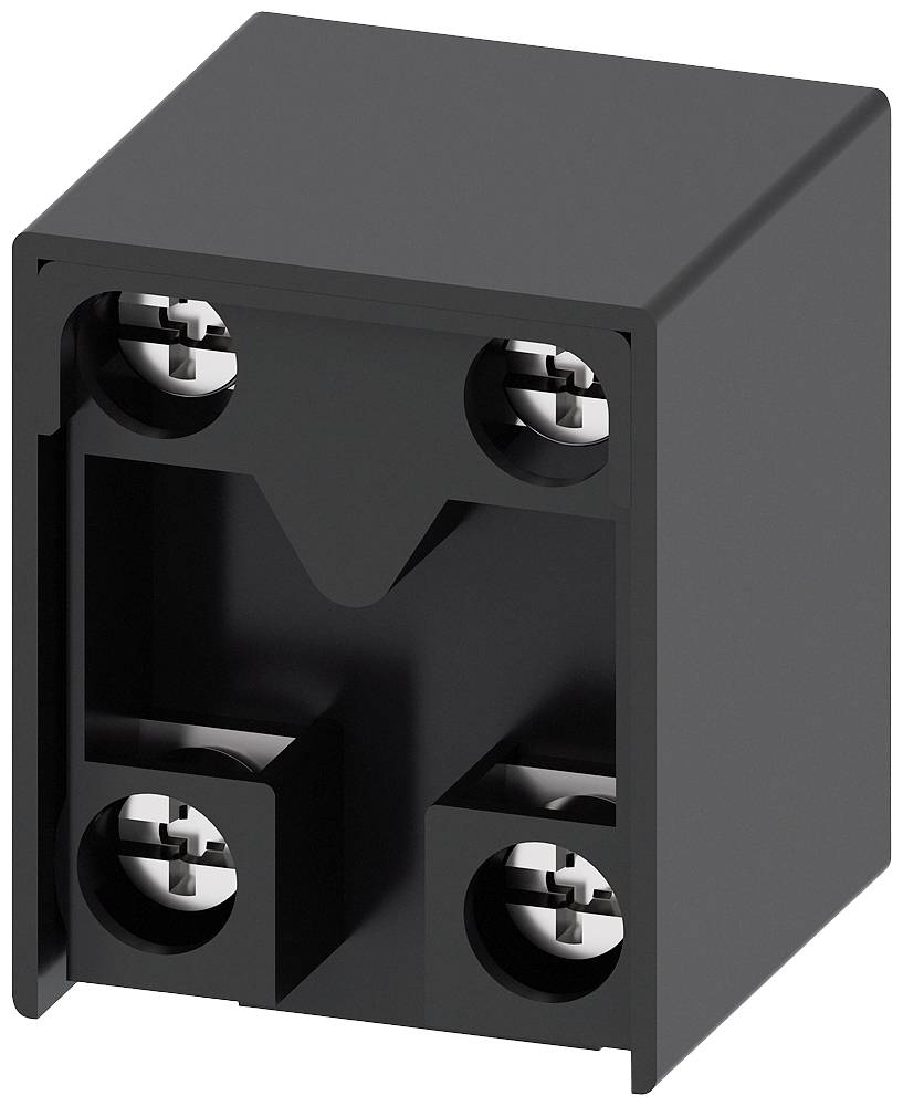 Ein schwarzer, rechteckiger Kunststoffblock mit vier vertieften Schlitzen und Silberschrauben, möglicherweise ein elektrisches Bauteil.
