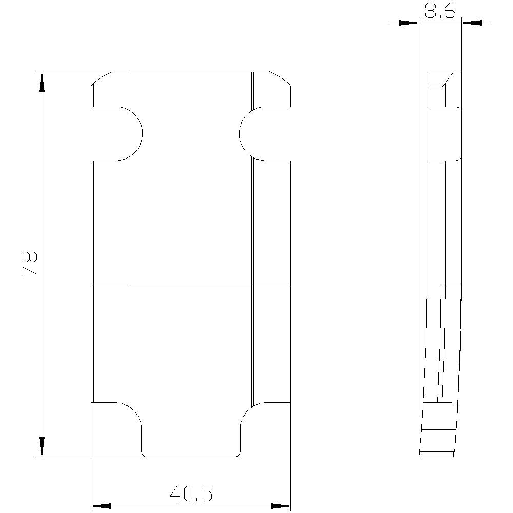 Technische Zeichnung eines rechteckigen Teils mit seitlichen Auskerbungen. Maße: 78 x 40,5 x 8,6 mm. Draufsicht und Seitenansicht.
