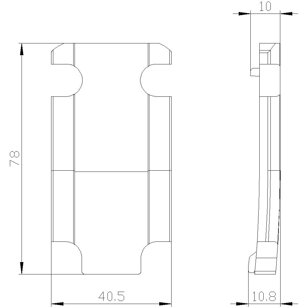 Technische Zeichnung eines Bauteils mit Front- und Seitenansicht. Maße: Höhe 78 mm, Breite 40,5 mm, Tiefe 10 mm, Tiefe Seitenansicht 10,8 mm.