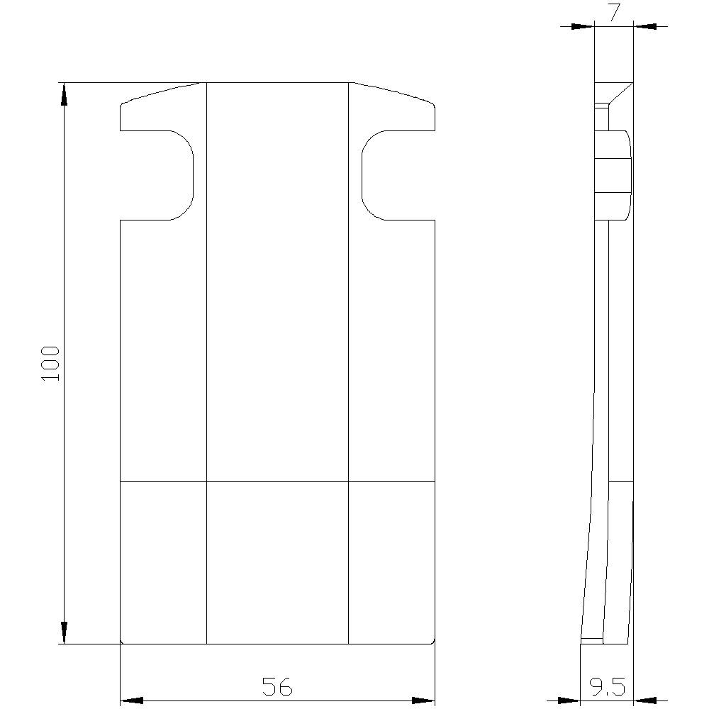 Technische Zeichnung eines zylindrischen Bauteils mit Abmessungen: Höhe 100 mm, Breite 56 mm, Tiefe 9,5 mm, Seitenansicht mit Details.