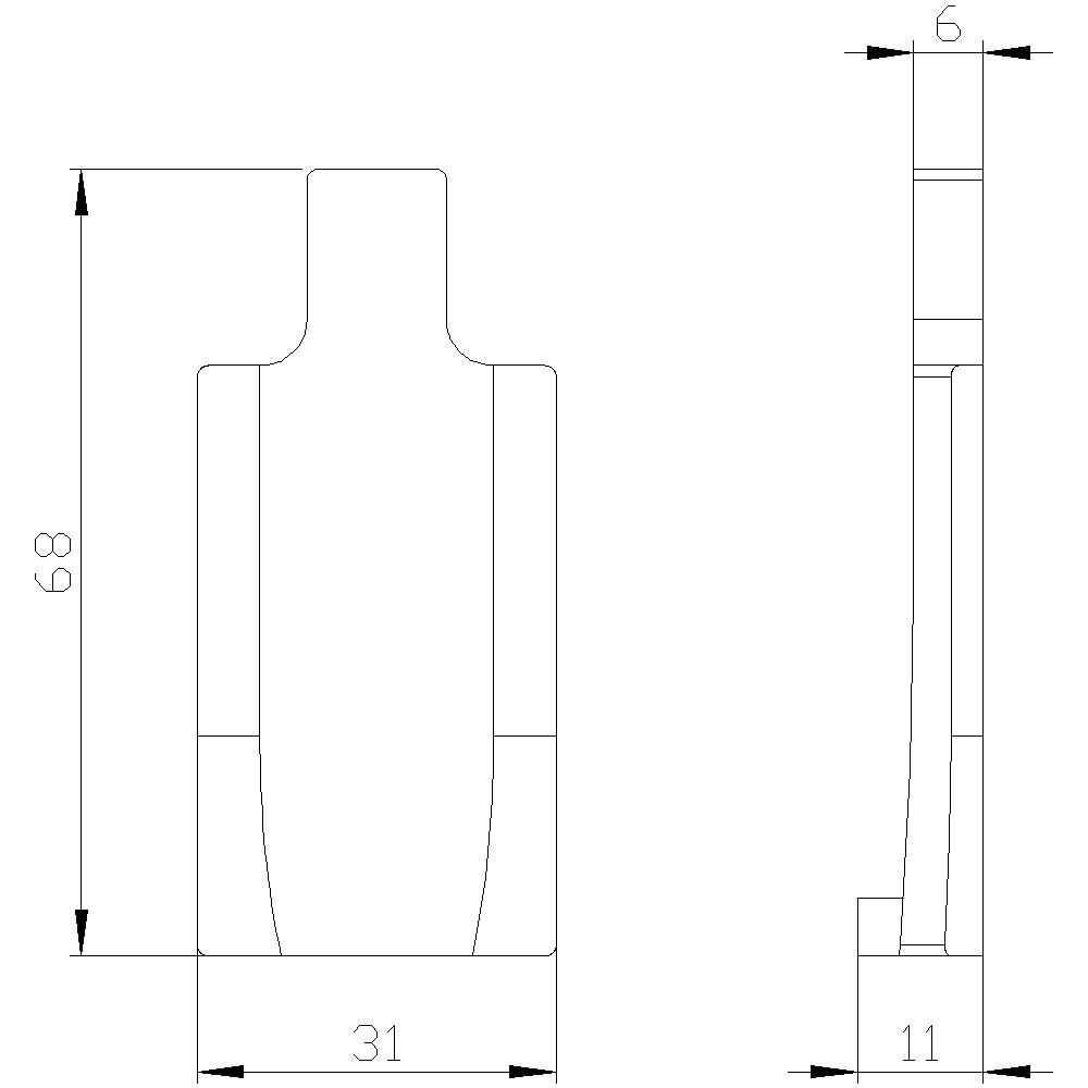 Technische Zeichnung zeigt eine Seiten- und Frontalansicht eines Teils mit Maßen: Höhe 68 mm, Breite 31 mm, seitliche Breite 11 mm, obere Dicke 6 mm.