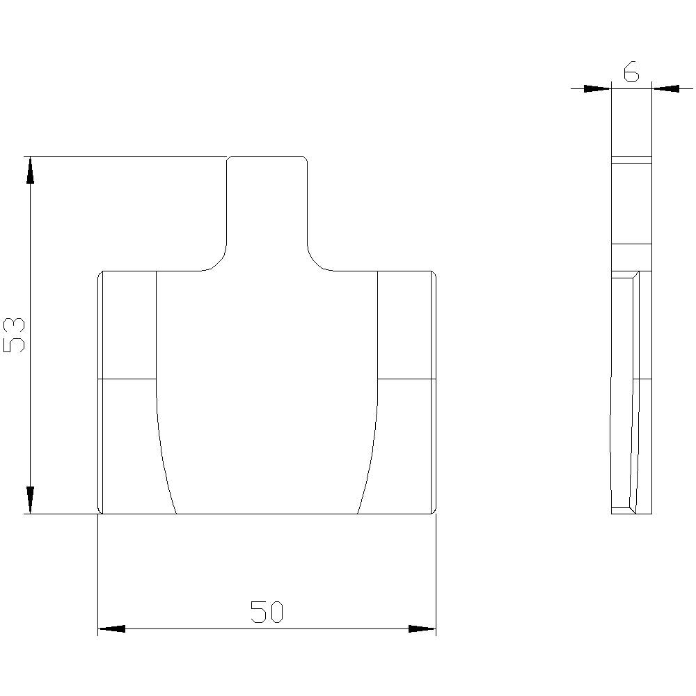 Technische Zeichnung eines Bauteils mit den Maßen: Breite 50 mm, Höhe 53 mm, Dicke 6 mm. Seiten- und Vorderansicht dargestellt.