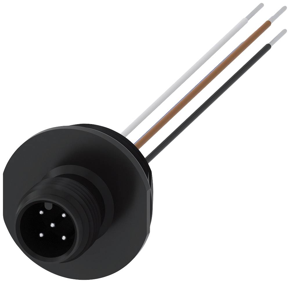 Schwarzer, runder Stecker mit mehreren Anschlusspins und drei herausragenden Drähten in Weiß, Braun und Schwarz.