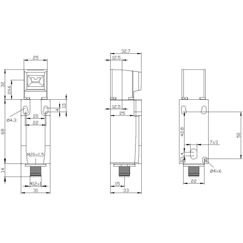 Technische Zeichnung eines Bauteils mit Maßen in Millimetern. Front-, Seiten- und Draufsicht dargestellt. Detaillierte Bemaßung.