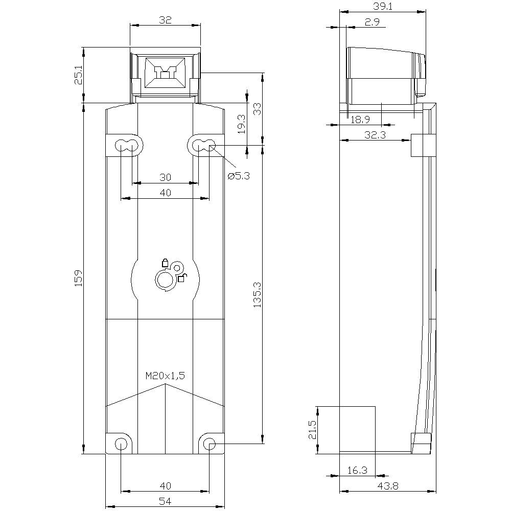 Technische Zeichnung eines mechanischen Elements mit Bemaßung. Vorder- und Seitenansicht mit verschiedenen Maßen.