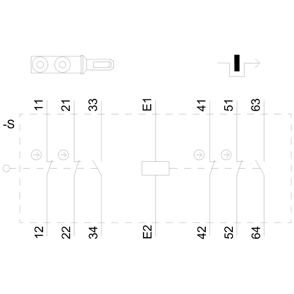 Schaltplan eines elektrischen Systems mit sechs Schaltern, zwei Sicherungen (E1, E2) und einem Stecker. Pfeil zeigt Stromrichtung an.