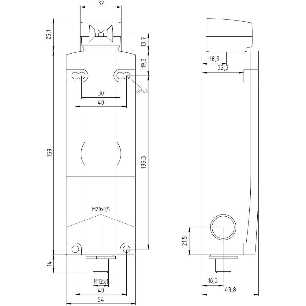 Technische Zeichnung eines zylindrischen Geräts mit genauen Maßangaben in Millimetern, Front- und Seitenansicht.