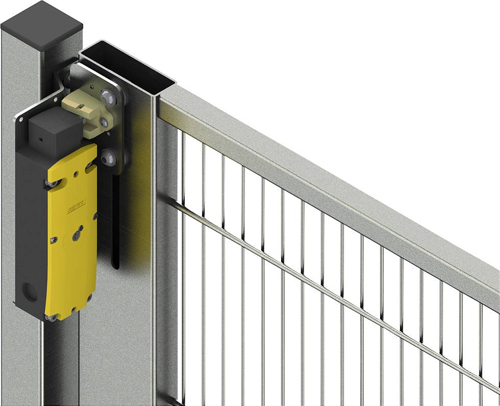 Ein metallisches Sicherheitstor mit vertikalen Stäben und einem gelben Sicherheitsschalter, montiert an einem stabilen Pfosten.